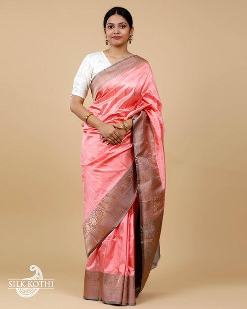 LIGHT ROSE PINK STRIPES KADHWA KATAN SILK BANARASI HANDLOOM SAREE