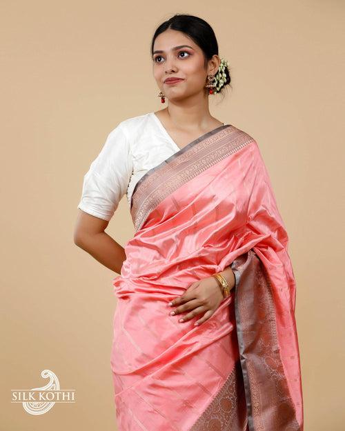 LIGHT ROSE PINK STRIPES KADHWA KATAN SILK BANARASI HANDLOOM SAREE