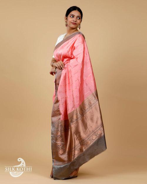 LIGHT ROSE PINK STRIPES KADHWA KATAN SILK BANARASI HANDLOOM SAREE