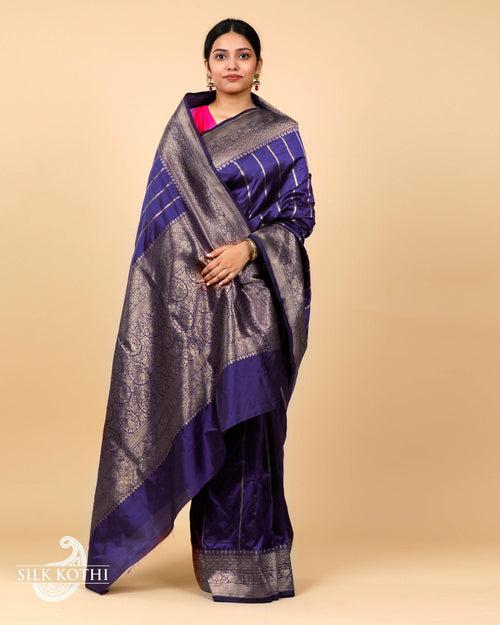 INDIGO PURPLE STRIPES KADHWA KATAN SILK BANARASI HANDLOOM SAREE