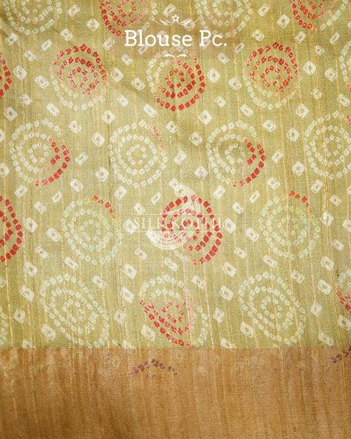 OLIVE GREEN FLORAL PRINTED TUSSAR SILK BANARASI HANDLOOM SAREE