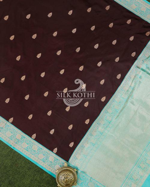 DARK CHOCOLATE BROWN KADHWA KATAN SILK BANARASI HANDLOOM SAREE