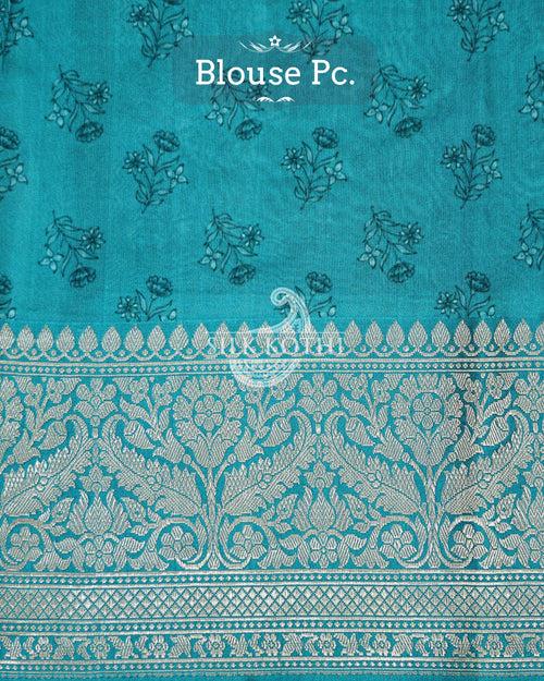 TURQUOISE ETHNIC PRINTED KATAN SILK BANARASI HANDLOOM SAREE