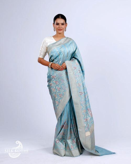 POWDER BLUE KADHWA JANGLA MEENAKARI KATAN SILK BANARASI HANDLOOM SAREE