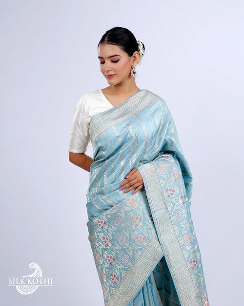 POWDER BLUE KADHWA JANGLA MEENAKARI KATAN SILK BANARASI HANDLOOM SAREE