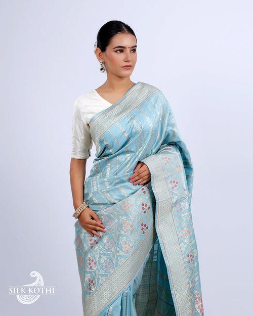 POWDER BLUE KADHWA JANGLA MEENAKARI KATAN SILK BANARASI HANDLOOM SAREE