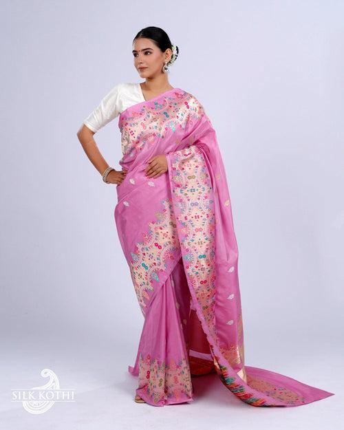 LILAC PINK KADHWA MEENAKARI BORDER KATAN SILK BANARASI HANDLOOM SAREE