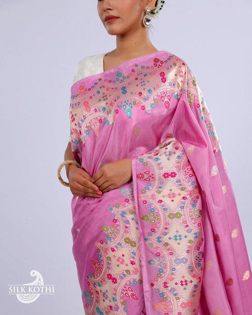 LILAC PINK KADHWA MEENAKARI BORDER KATAN SILK BANARASI HANDLOOM SAREE