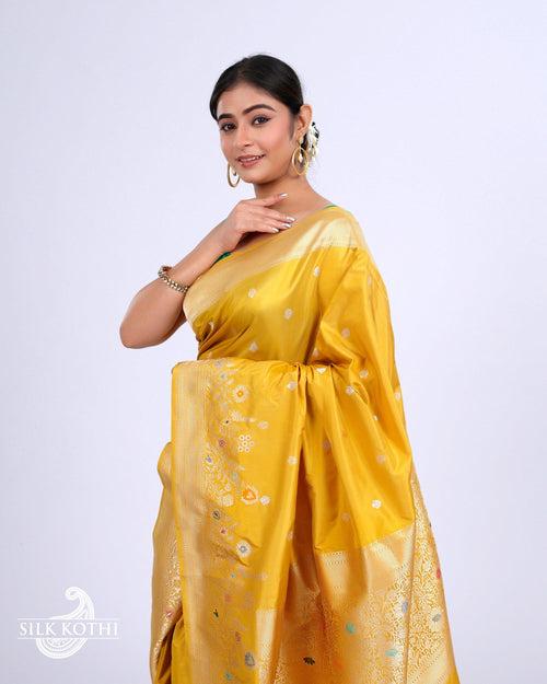 CORN YELLOW KADHWA MEENAKARI BORDER KATAN SILK BANARASI HANDLOOM SAREE