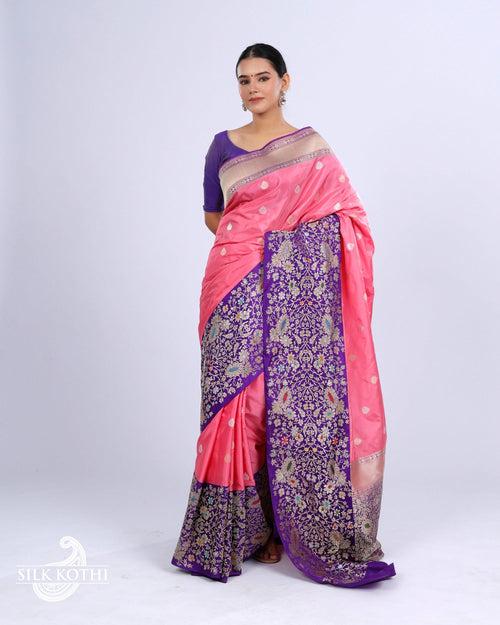 FLAMINGO PINK KADHWA MEENAKARI BORDER KATAN SILK BANARASI HANDLOOM SAREE