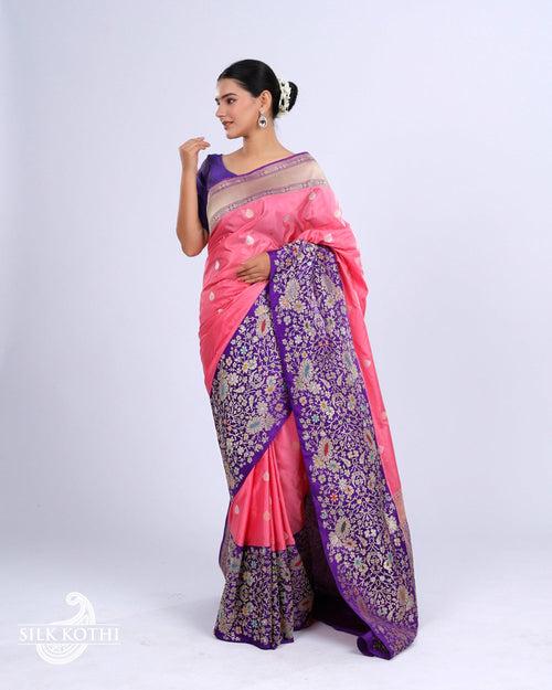 FLAMINGO PINK KADHWA MEENAKARI BORDER KATAN SILK BANARASI HANDLOOM SAREE