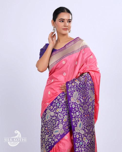 FLAMINGO PINK KADHWA MEENAKARI BORDER KATAN SILK BANARASI HANDLOOM SAREE