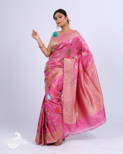 TAFFY PINK KADHWA JANGLA MEENAKARI KATAN SILK BANARASI HANDLOOM SAREE