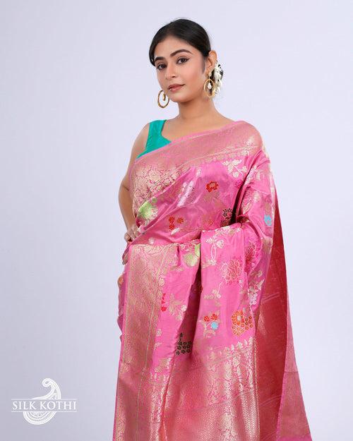 TAFFY PINK KADHWA JANGLA MEENAKARI KATAN SILK BANARASI HANDLOOM SAREE