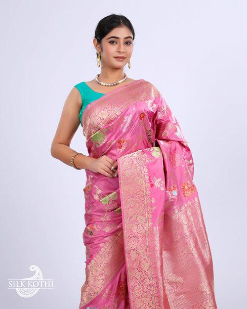 TAFFY PINK KADHWA JANGLA MEENAKARI KATAN SILK BANARASI HANDLOOM SAREE