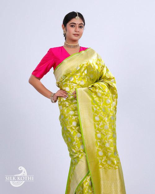 LIME GREEN RUPA SONA JAAL KATAN SILK UPPADA BANARASI HANDLOOM SAREE