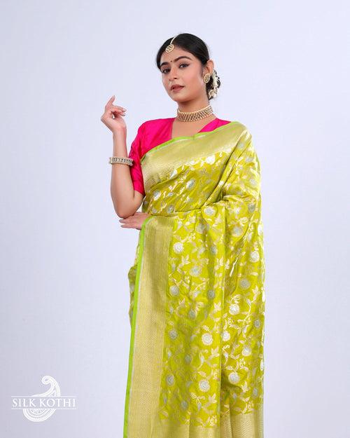 LIME GREEN RUPA SONA JAAL KATAN SILK UPPADA BANARASI HANDLOOM SAREE