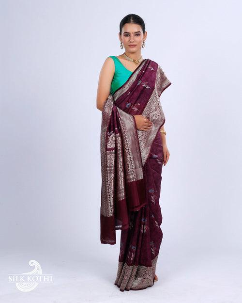 GRAPE PURPLE MARBLE PRINTED KATAN SILK BANARASI HANDLOOM SAREE