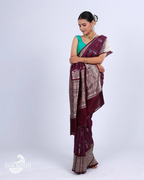 GRAPE PURPLE MARBLE PRINTED KATAN SILK BANARASI HANDLOOM SAREE