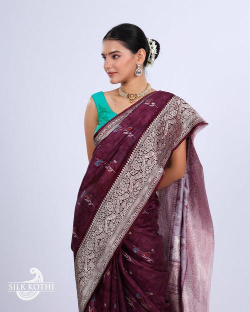 GRAPE PURPLE MARBLE PRINTED KATAN SILK BANARASI HANDLOOM SAREE