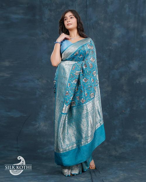 TURQUOISE ETHNIC PRINTED KATAN SILK BANARASI HANDLOOM SAREE