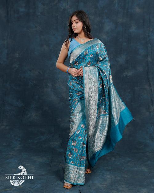 TURQUOISE ETHNIC PRINTED KATAN SILK BANARASI HANDLOOM SAREE