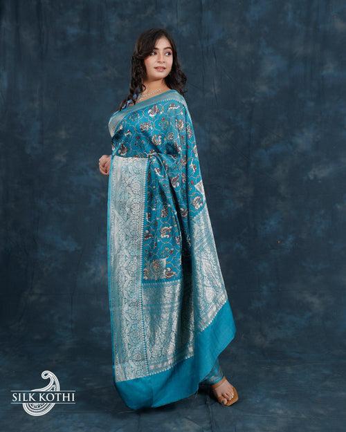 TURQUOISE ETHNIC PRINTED KATAN SILK BANARASI HANDLOOM SAREE