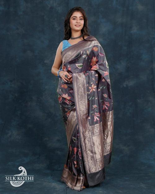 GREYISH BLUE PRINTED KATAN SILK BANARASI HANDLOOM SAREE