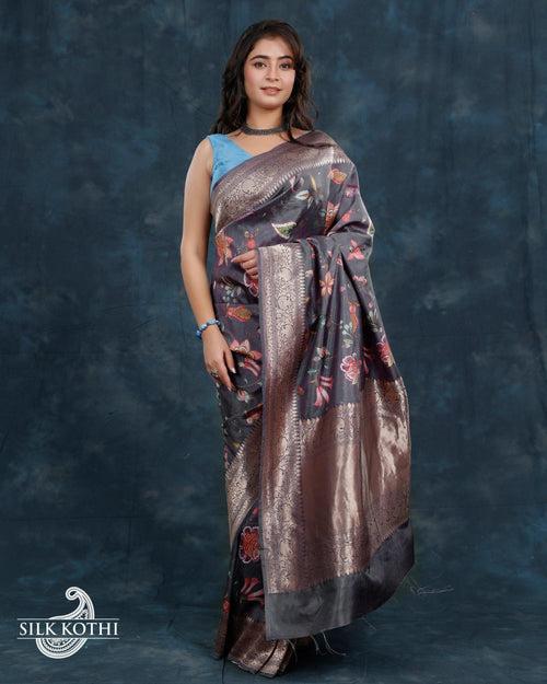 GREYISH BLUE PRINTED KATAN SILK BANARASI HANDLOOM SAREE