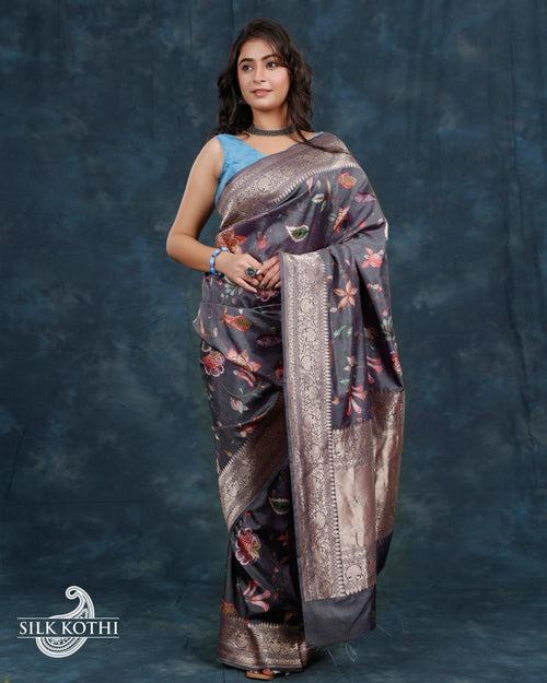 GREYISH BLUE PRINTED KATAN SILK BANARASI HANDLOOM SAREE