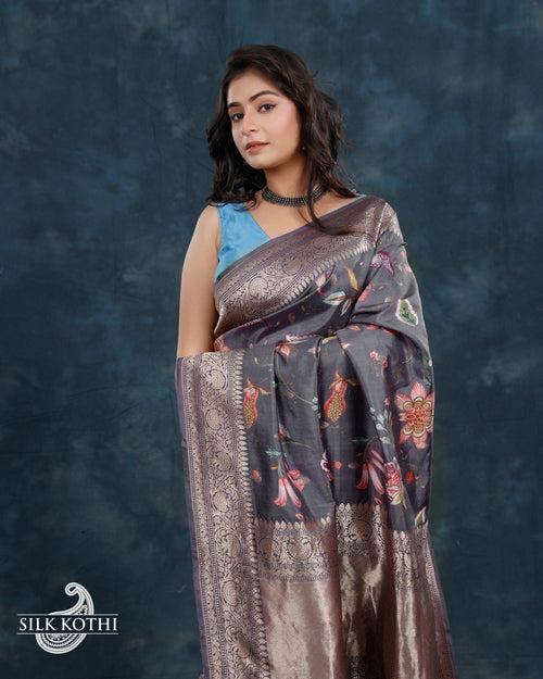 GREYISH BLUE PRINTED KATAN SILK BANARASI HANDLOOM SAREE