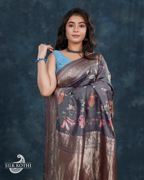 GREYISH BLUE PRINTED KATAN SILK BANARASI HANDLOOM SAREE