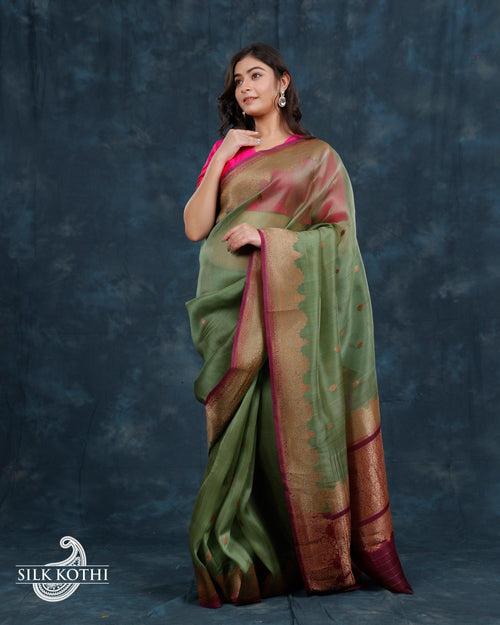 SAGE GREEN KORA ORGANZA BANARASI HANDLOOM SAREE