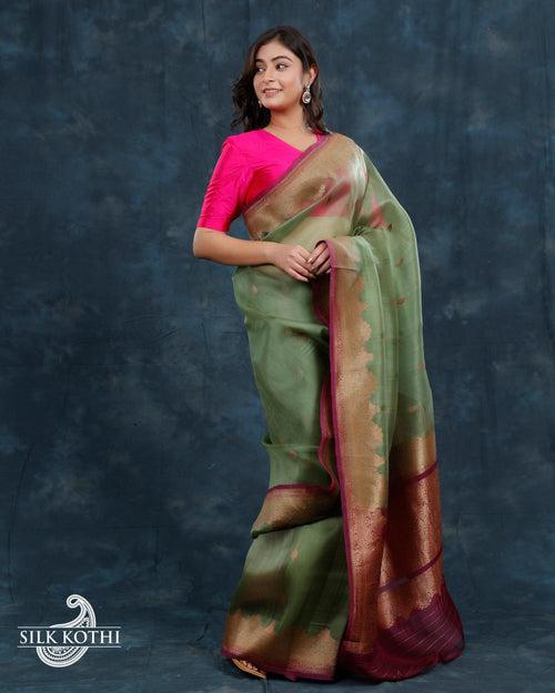 SAGE GREEN KORA ORGANZA BANARASI HANDLOOM SAREE