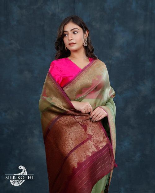 SAGE GREEN KORA ORGANZA BANARASI HANDLOOM SAREE