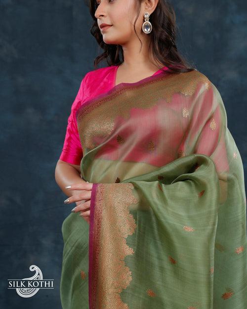 SAGE GREEN KORA ORGANZA BANARASI HANDLOOM SAREE