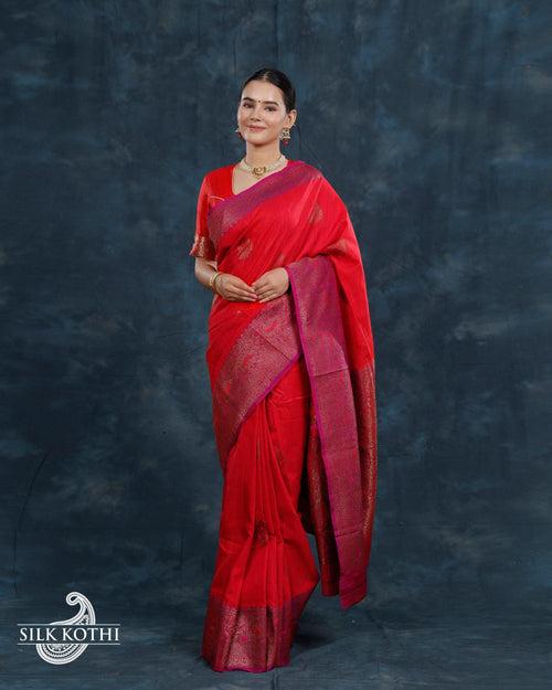 RED MEENAKARI DUPION SILK BANARASI HANDLOOM SAREE