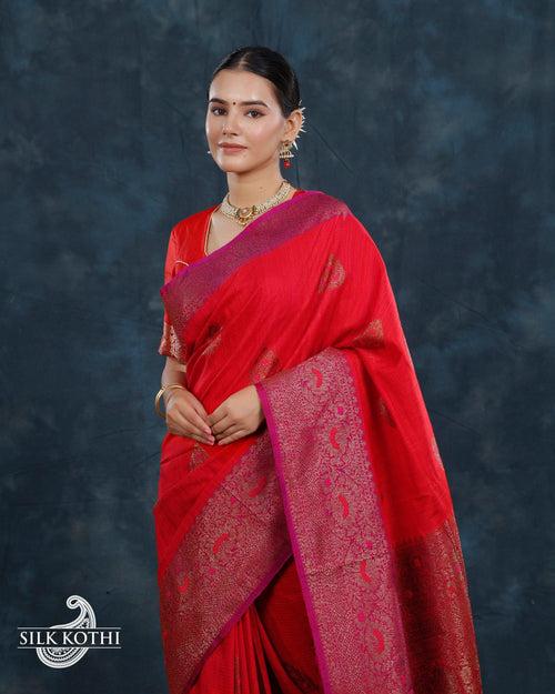 RED MEENAKARI DUPION SILK BANARASI HANDLOOM SAREE