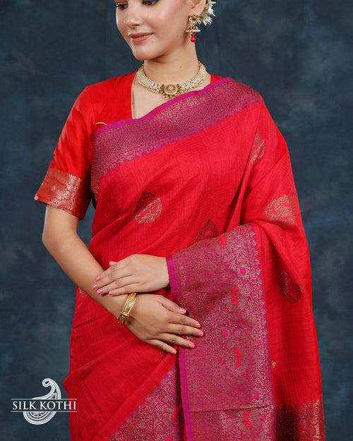 RED MEENAKARI DUPION SILK BANARASI HANDLOOM SAREE