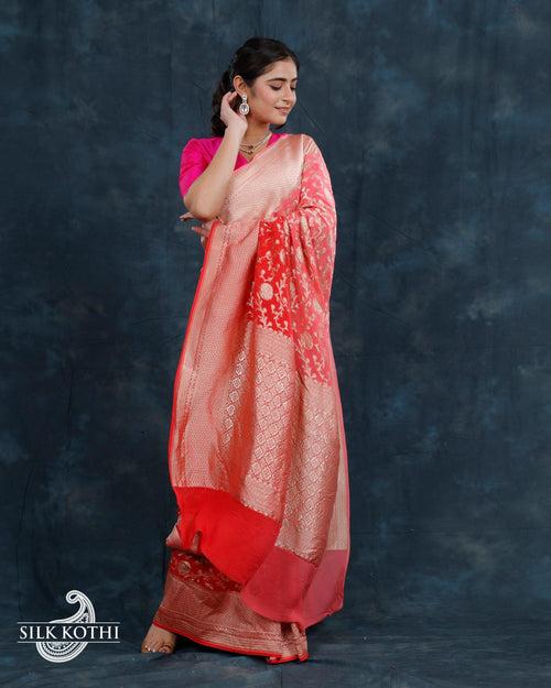 FIERY ROSE PINK SHADED GEORGETTE CHIFFON BANARASI HANDLOOM SAREE