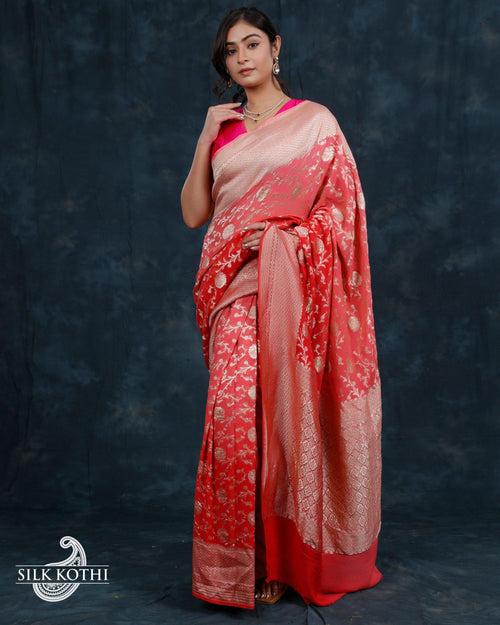 FIERY ROSE PINK SHADED GEORGETTE CHIFFON BANARASI HANDLOOM SAREE