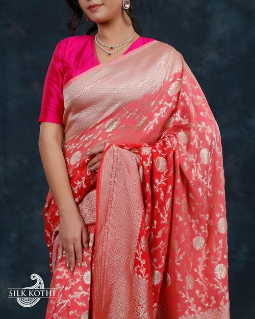 FIERY ROSE PINK SHADED GEORGETTE CHIFFON BANARASI HANDLOOM SAREE