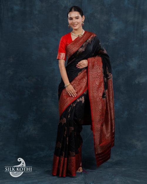 BLACK KADHWA LEHARIYA DUPION SILK BANARASI HANDLOOM SAREE