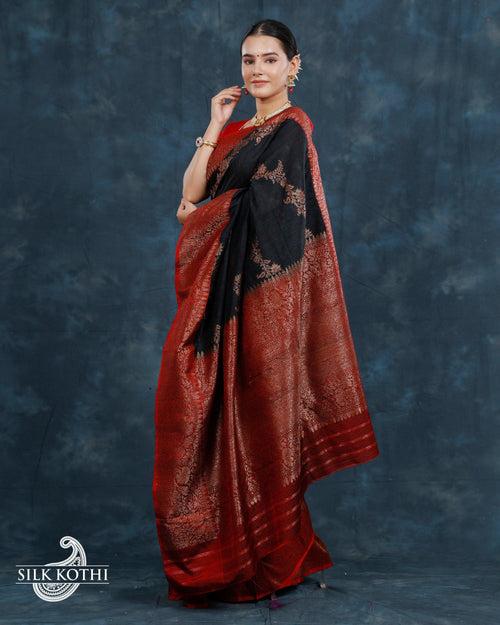 BLACK KADHWA LEHARIYA DUPION SILK BANARASI HANDLOOM SAREE