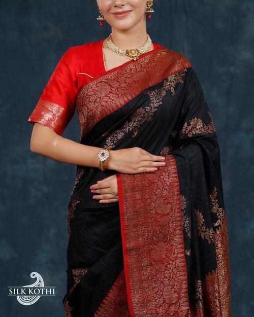 BLACK KADHWA LEHARIYA DUPION SILK BANARASI HANDLOOM SAREE