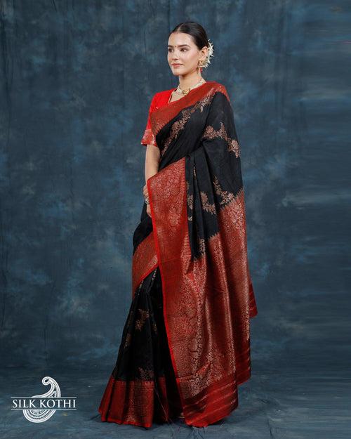 BLACK KADHWA LEHARIYA DUPION SILK BANARASI HANDLOOM SAREE