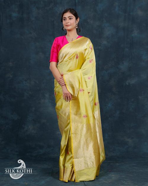 LIGHT LEMON YELLOW MEENA BUTA KADHWA KATAN SILK BANARASI HANDLOOM SAREE