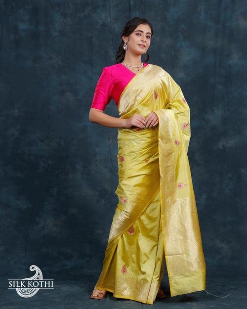 LIGHT LEMON YELLOW MEENA BUTA KADHWA KATAN SILK BANARASI HANDLOOM SAREE