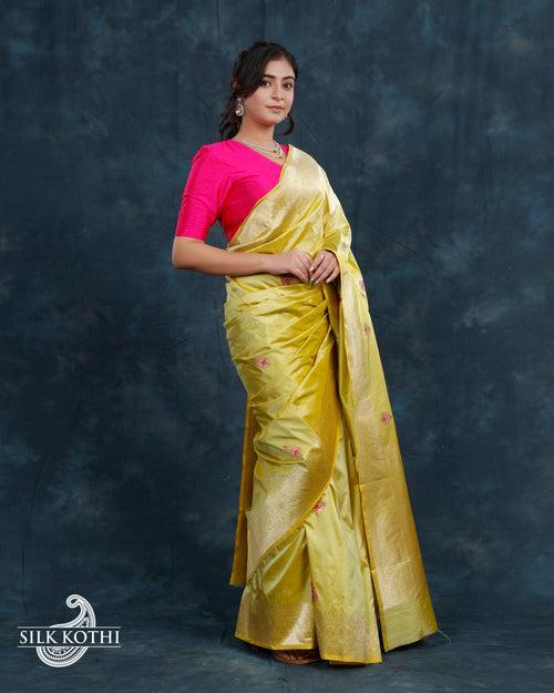 LIGHT LEMON YELLOW MEENA BUTA KADHWA KATAN SILK BANARASI HANDLOOM SAREE