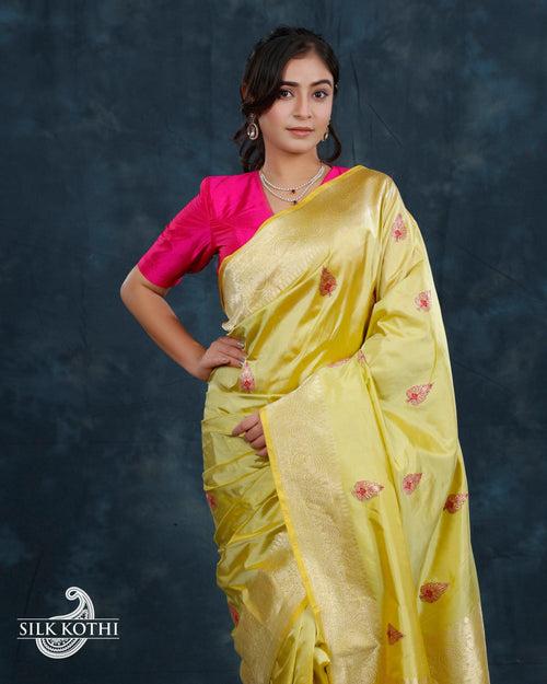 LIGHT LEMON YELLOW MEENA BUTA KADHWA KATAN SILK BANARASI HANDLOOM SAREE